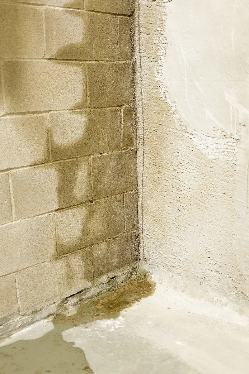 Rising damp staining the blockwork at the foot of a wall