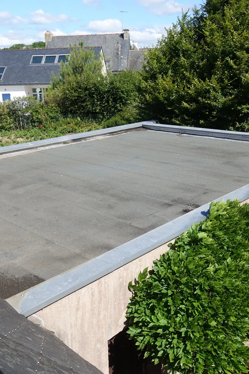 A flat roof on a garage beside a garden